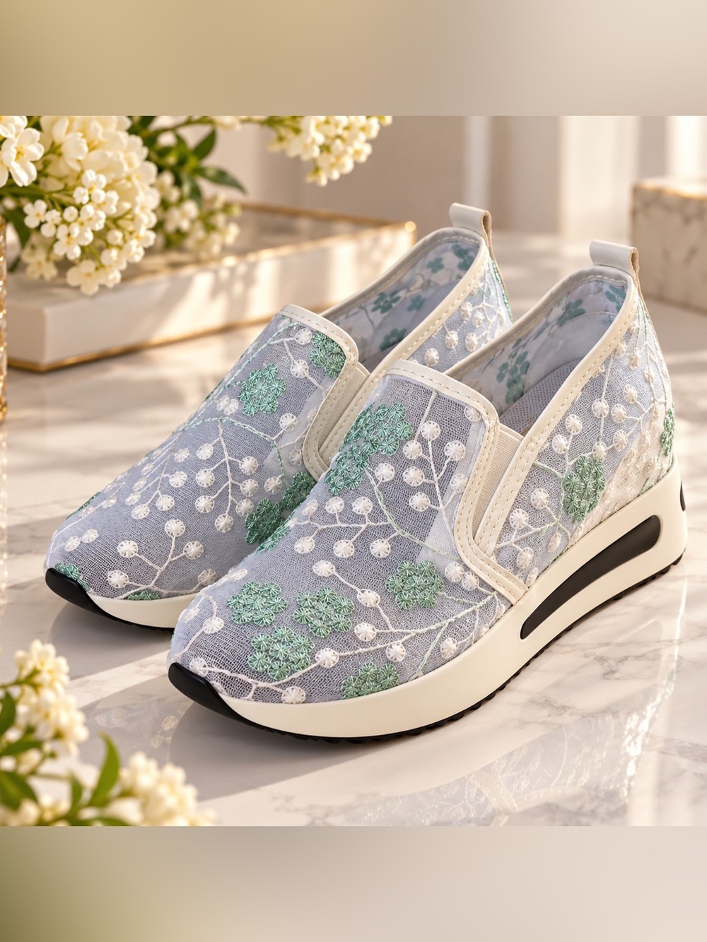 Lightweight Floral Mesh Slip-On Sneakers | Hidden Wedge Platform Shoes